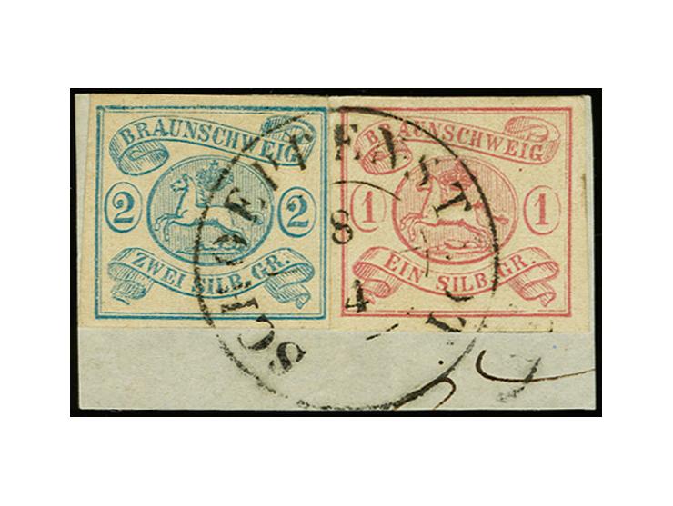 1852, Wappenausgabe auf weißem Papier 1 Sgr. karmin und 2 Sgr. blau, beide farbfrisch und breitrandig mit sauber aufgesetztem