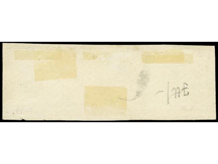 ¼ Ggr. auf braun im waagerechten 3er-Streifen, voll- bis breitrandig mit Nr. "47" WOLFENBÜTTEL auf Briefstück, Fotoattest Lan