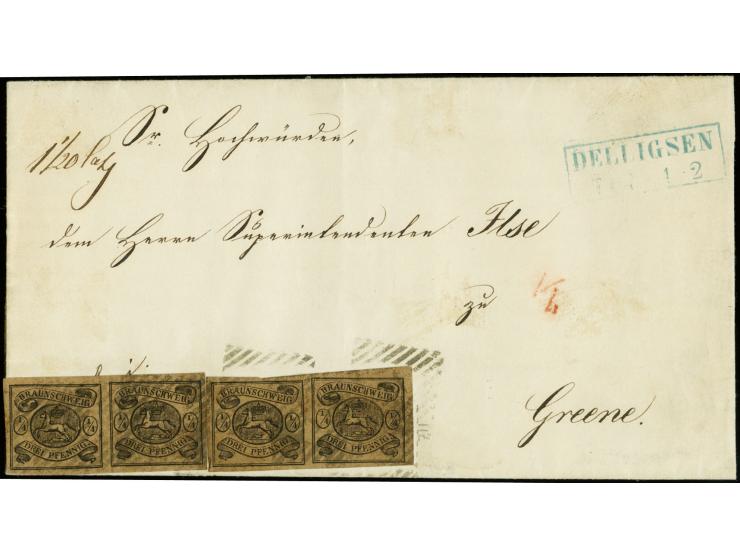1853/56, Ausgabe auf farbigem Papier, ¼ Ggr. auf braun, 2 waagerechte Paare, allseits breitrandig mit Nr. "11" und nebengeset