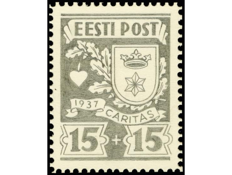 Caritas issue of 1937, 15s., final pencil drawing by Axel Roosman, 43x56mm, on perforated cardboard. Arms of Rakvere. Caritas