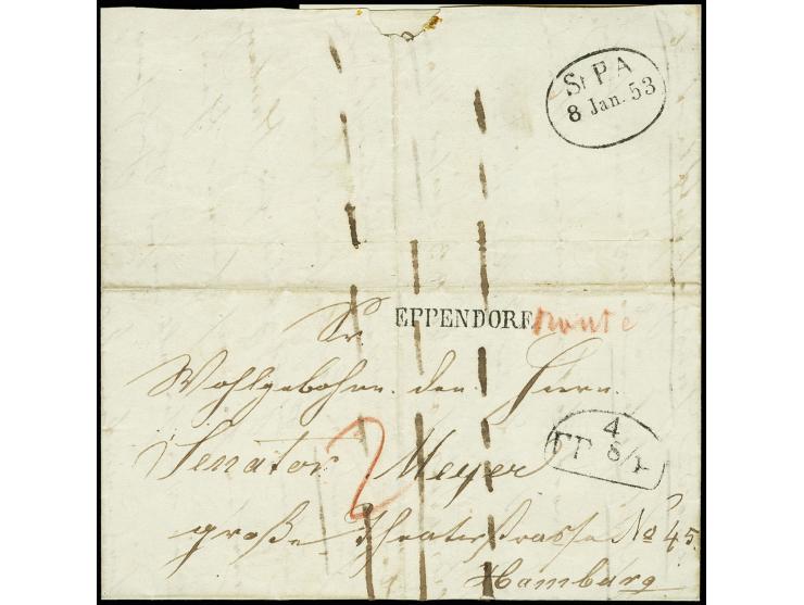 "EPPENDORF", Landpost-L1 auf barfrankiertem Brief nach Hamburg mit rückseitig Stadtpost-DKr. vom 8 Jan. 53, etwas umgefaltet,