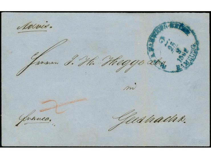 "St.P.A.BAHNHOFS-EXPED.HAMBURG 25.9.1863", recht klar in blau auf bar frankiertem, kpl. Faltbrief via Bergedorf nach Geesthac
