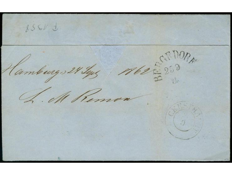 "St.P.A.BAHNHOFS-EXPED.HAMBURG 25.9.1863", recht klar in blau auf bar frankiertem, kpl. Faltbrief via Bergedorf nach Geesthac