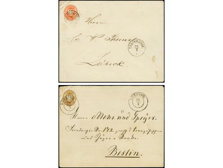 1863, Ganzsachenumschlag 1 Sch. rötlichorange im Großformat, entwertet durch Ringstempel "T" mit nebengesetztem EKr. "TRAVEMÜ