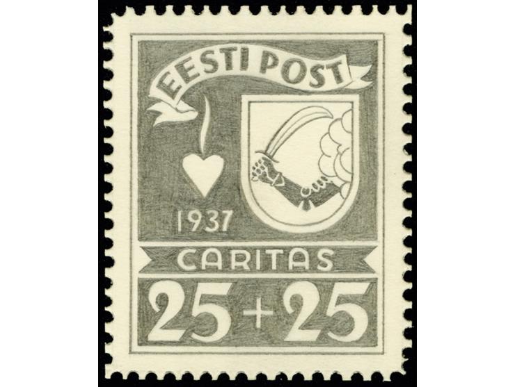 Caritas issue of 1937, 25s., final pencil drawing by Axel Roosman, 43x55mm, on perforated cardboard. Arms of Valga. Caritas h