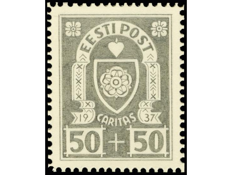 Caritas issue of 1937, 50s., final pencil drawing by Axel Roosman, 43x55mm, on perforated cardboard. Arms of Viljandi. Carita