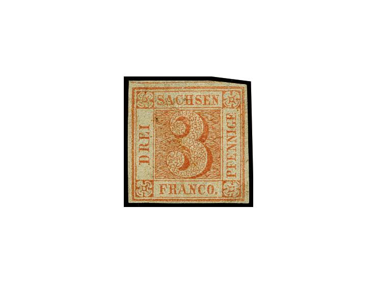 1850, 3 Pfg. lebhaftzinnoberrot, voll- bis breitrandig in einwandfreier Erhaltung; im oberen Bereich leichte Farb-/Stempel(?)
