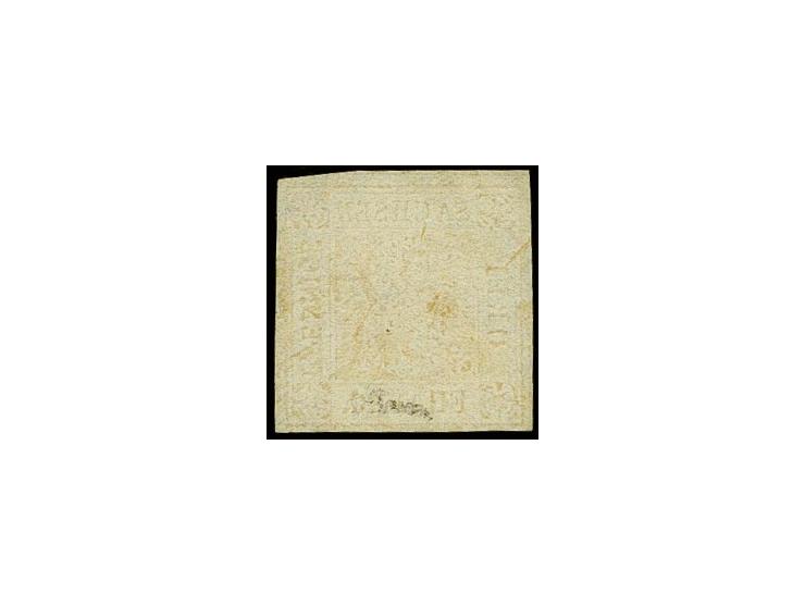 1850, 3 Pfg. lebhaftzinnoberrot, voll- bis breitrandig in einwandfreier Erhaltung; im oberen Bereich leichte Farb-/Stempel(?)