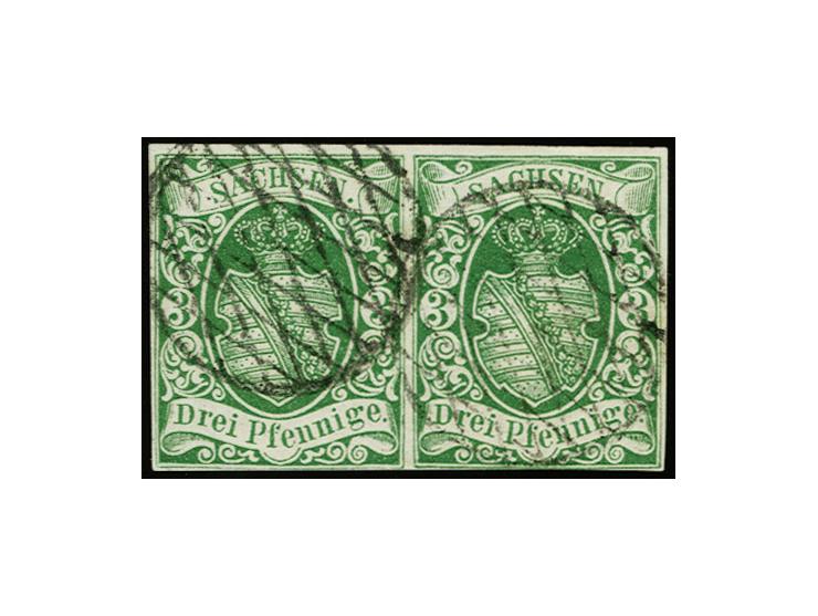 1851, 3 Pfg. saftiggrün im waagerechten Paar, die rechte Marke unten minimal berührt, sonst voll- bis breitrandig, sauber ent