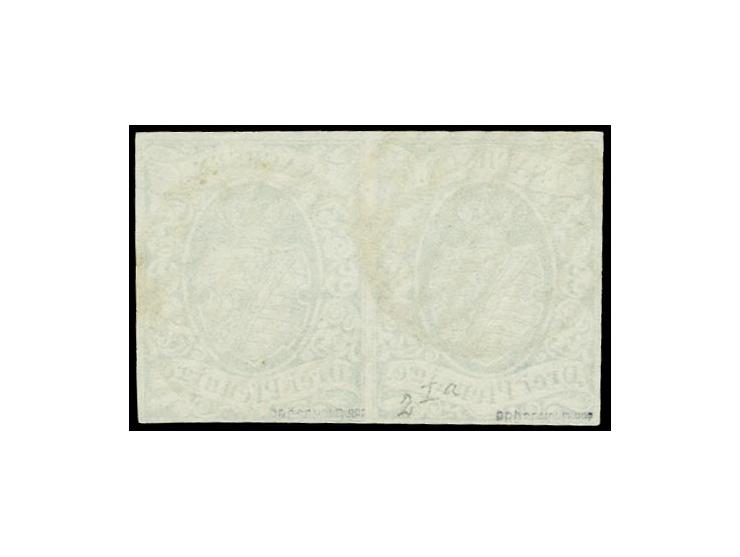1851, 3 Pfg. saftiggrün im waagerechten Paar, die rechte Marke unten minimal berührt, sonst voll- bis breitrandig, sauber ent