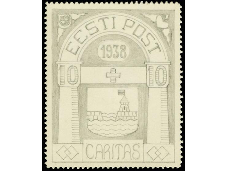Caritas issue of 1938, 10s., initial pencil drawing by Mihail Sidorov, 43x53mm, on perforated cardboard. Arms of Paldiski. Th