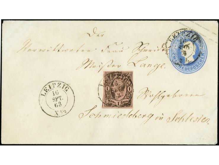 1 Ngr. auf hellgraurot, voll- bis überrandig mit DKr. "LEIPZIG 16 SPT. 63" als Zufrankatur auf Ganzsachenumschlag 1862, 2 Ngr