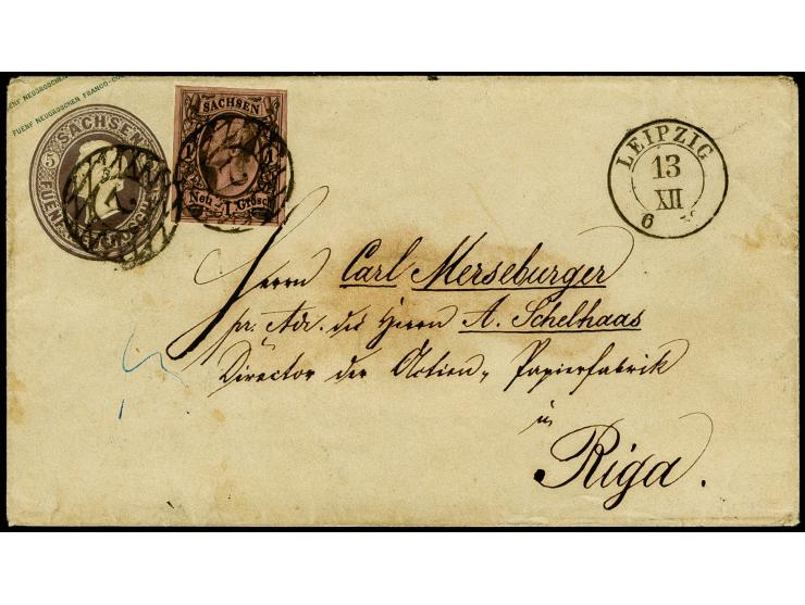1 Ngr. auf graurot, allseits breitrandig und farbfrisch, als Zufrankatur auf Ganzsachenumschlag 1859, 5 Ngr. braunviolett, Ma