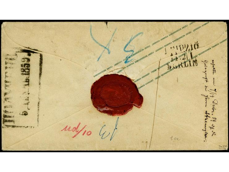 1 Ngr. auf graurot, allseits breitrandig und farbfrisch, als Zufrankatur auf Ganzsachenumschlag 1859, 5 Ngr. braunviolett, Ma