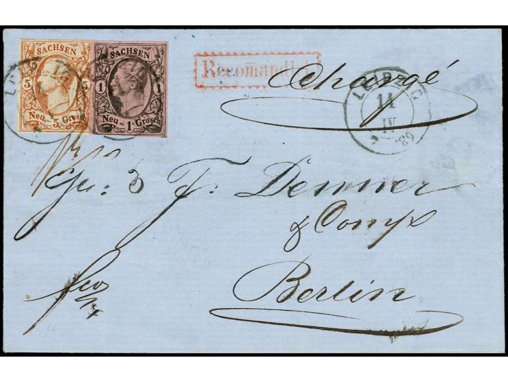 5 Ngr. rosabraun und 1 Ngr. auf rosa, beide voll- bis breitrandig und farbfrisch, mit DKr. "LEIPZIG 14 IV 63" (Jahreszahl kop