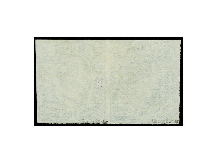10 Ngr. milchblau im waagerechten Paar, voll- bis überrandig mit leicht aufgesetztem Nummernstempel, einwandfrei, sign. Georg