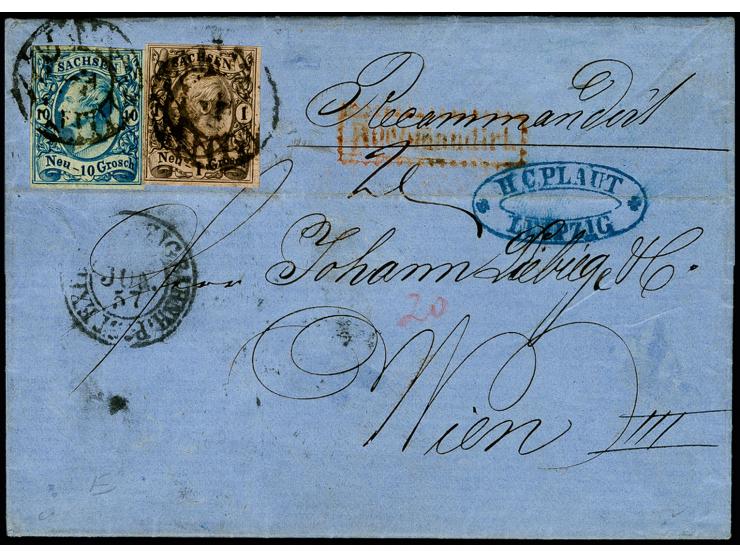10 Ngr. milchblau und 1 Ngr. auf graurot, beide voll- bis breitrandig und farbfrisch mit Nr. "2" auf Reco-Brief der 3. Gewich
