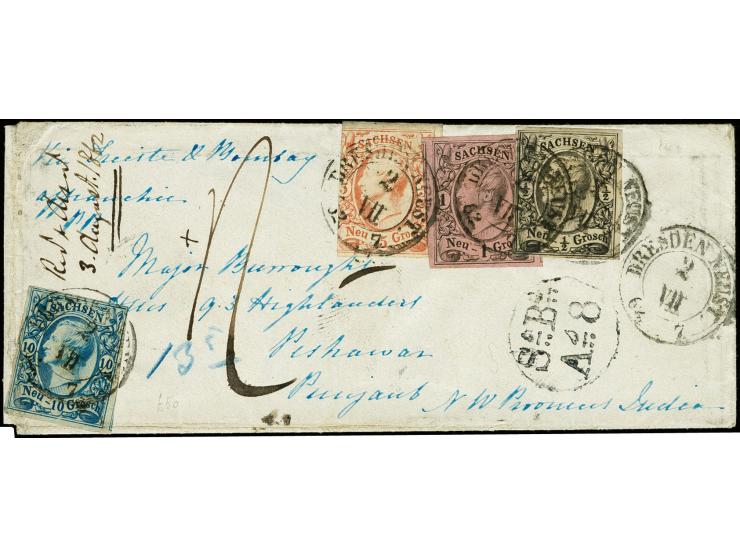 10 Ngr. milchblau mit 5 Ngr. lebhaftorangerot, 1 Ngr. auf graurot und ½ Ngr. auf grau, alle farbfrisch und bis auf die links 