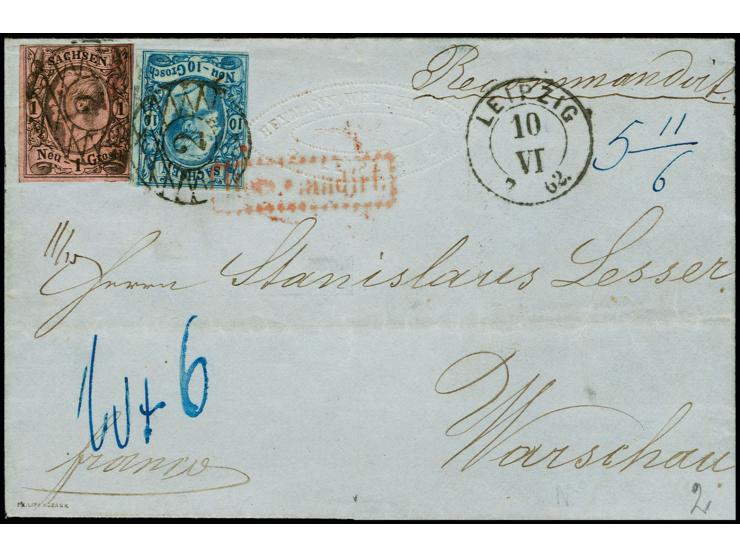 10 Ngr. blau auf glasigem Papier, links unten noch voll- sonst voll- bis überrandig mit leicht berührter 1 Ngr. auf rosa, mit