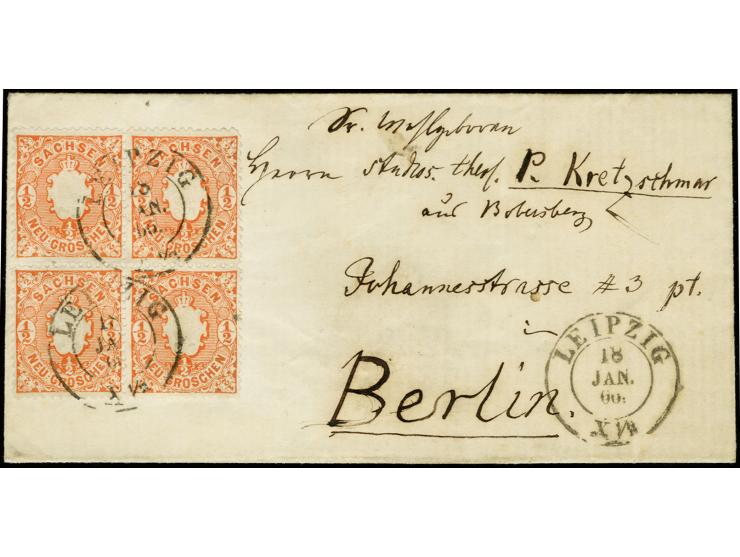 1863, ½ Ngr. orange im 4er-Block mit DKr. "LEIPZIG 18 JAN. 66" auf kleiner Briefhülle nach Berlin; sehr schöne und seltene Fr