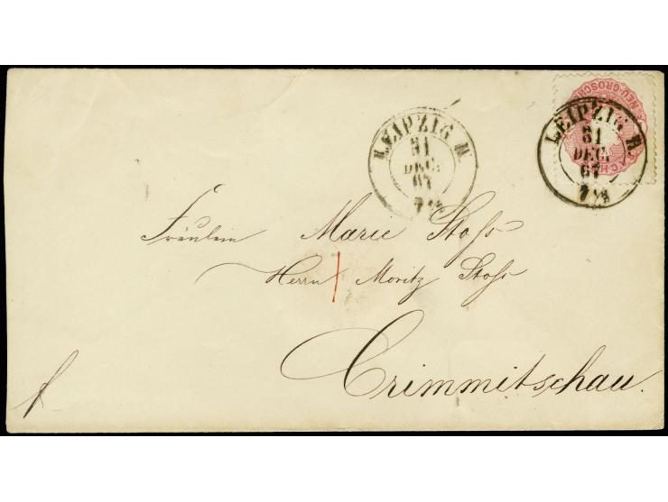 1 Ngr. rosa mit sauber auf- und nebengesetztem Letztagsstempel "LEIPZIG IV. 31 DEC. 67" auf Briefkuvert nach Crimmitschau