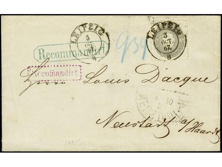 5 Ngr. grauwacke, farbfrisch und einwandfrei gezähnt mit DKr. "LEIPZIG 3 OCT. 67" auf Reco-Brief mit privatem und violettem R