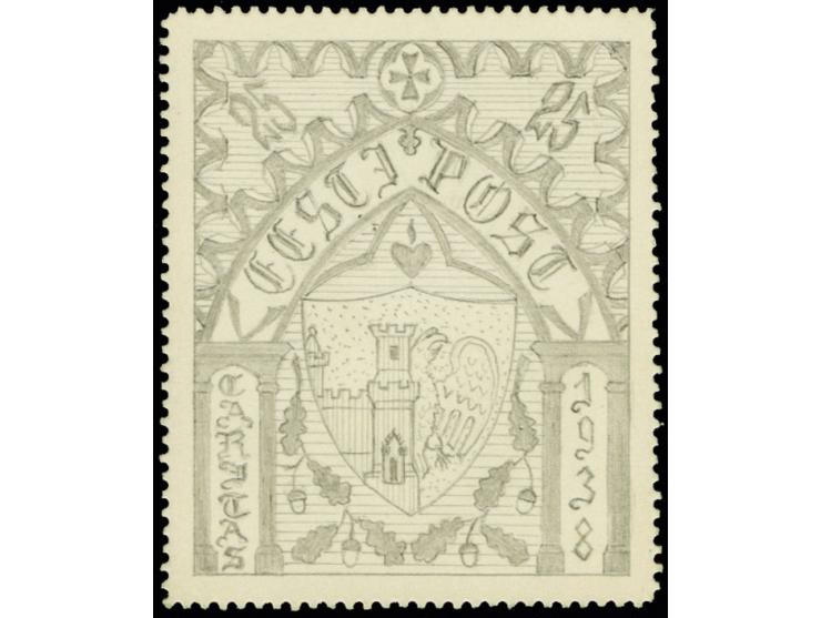 Caritas issue of 1938, 25s., initial pencil drawing by Mihail Sidorov, 42x51,5mm, on perforated cardboard. Arms of Haapsalu. 
