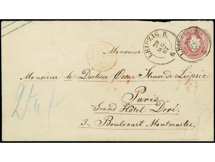 1863/65, Umschlag 5 Ngr. mattpurpur mit Klappenstempel 1, mit DKr. "LEIPZIG 20 AUG. 67" nach Paris, 2 Ngr. ausgewiesenes Weit