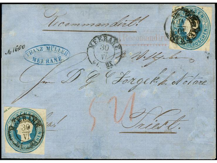 1859/61, Ganzsachenausschnitt 2 Ngr. blau, 2 Stück, beide viereckig geschnitten, einer einseitig leicht berührt, sonst voll- 