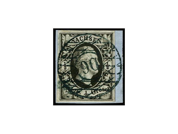 "90" GRÜNHAIN, zentrisch und klar auf Friedrich August ½ Ngr., allseits breitrandig auf kleinem Briefstück, Kabinett