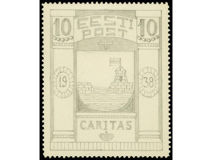 Caritas issue of 1938, 10s., final pencil drawing by Mihail Sidorov, 42x53mm, on perforated cardboard. Arms of Paldiski. Valu