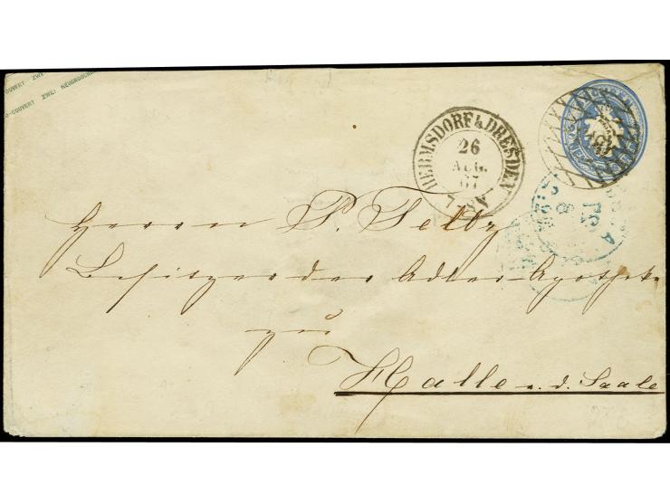 "218" HERMSDORF, sauber auf Ganzsachenumschlag Wappen 2 Ngr. blau mit sauber nebengesetztem DKr. vom 26.8.1867 nach Halle; kl