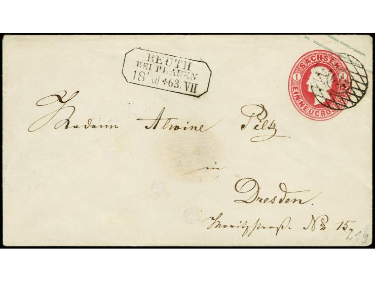 "219" REUTH, sauber auf Ganzsachenumschlag Johann 1 Ngr. rosa mit sauber nebengesetztem Ra3 vom 18.12.1863 nach Dresden; ein 
