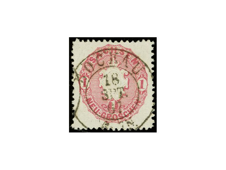 "BOCKAU 18 SPT. 67", zentrisch und klar auf Wappen 1 Ngr. rosa; sehr schöner Abschlag der erst am 15. Juli 1867 Postexpeditio