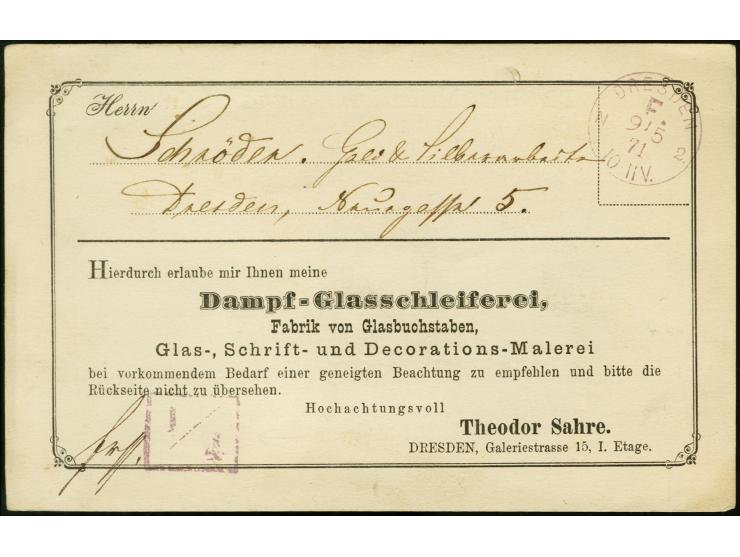"DRESDEN N2 F. 9.5.71", sehr klar in violett auf Drucksachen-Vordruckkarte mit violettem Tax-Stempel "1/4" im Ortsverkehr, Pr