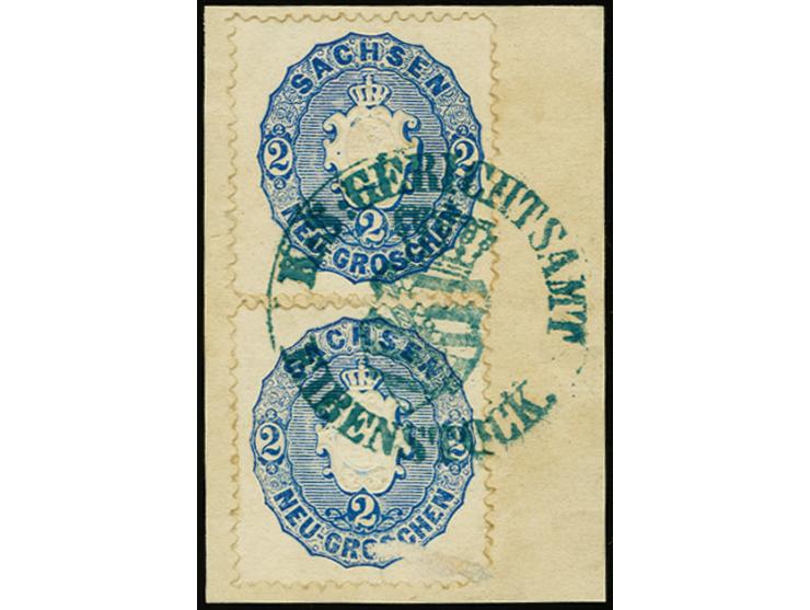 "K.S. GERICHTSAMT EIBENSTOCK", Dienstsiegel-Entwertung in blau, besonders schöner Abschlag auf Briefstück mit 2 Werten Wappen