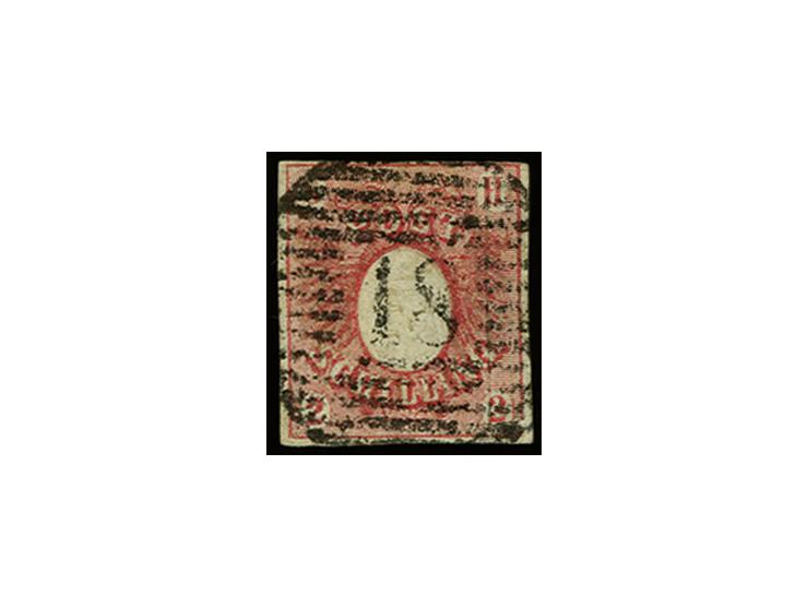 1850, 2 Sch. dunkelrosarot, oben voll- sonst allseits breitrandig und farbfrisch mit zentrisch und leicht aufgesetztem Rostst