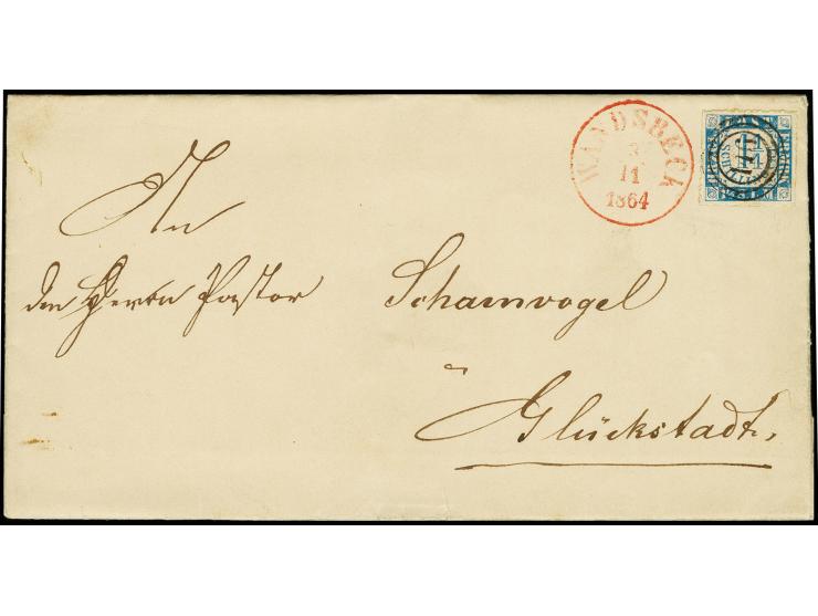 1¼ Sch. blau/weißrosa mit klarem Nummernstempel "146" und nebengesetztem rotem Aufgabestempel "WANDSBECK 3 11 1864"
auf Falt