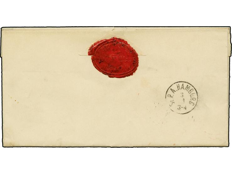 1¼ Sch. blau/weißrosa mit klarem Nummernstempel "146" und nebengesetztem rotem Aufgabestempel "WANDSBECK 3 11 1864"
auf Falt