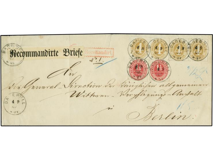 1865/67, HERZOGTH. SCHLESWIG 4 Sch. ocker, 2 waagerechte Paare zusammen mit 2 Einzelstücken 1 1/3 Sgr. rosa mit jeweils saube