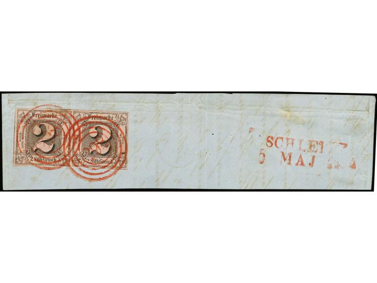 1852, 2 Sgr. auf graurot im waagerechten Paar, allseits voll- bis breitrandig mit 2mal sauber aufgesetzter roter Nr. "298" un