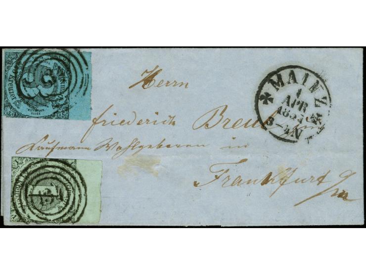 1 Kr. auf olivgrau und 3 Kr. auf hellblau, beide mit ca. 7 bis 8 mm Oberrand, mit Nr. "134" und nebengesetztem EKr. "MAINZ 1 