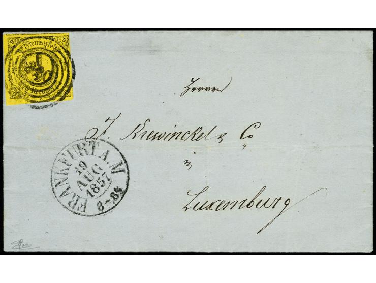 1852/58, 9 Kr. auf gelb, allseits voll- bis überrandig, aus der linken unteren Bogenecke stammend, mit Nr. "220" und nebenges