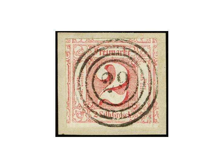 1861, 2 Sgr. karminrot, allseits überrandig mit Teilen von 5 Nachbarmarken und unten schmalem Bogenrand, zentrisch entwertet 