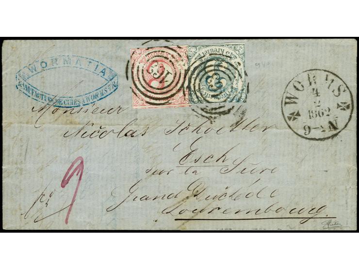 1859/61, 3 Kr. blau und 6 Kr. rosa in gutem Taxis-Schnitt mit Nr. "163" und nebengesetztem EKr. "WORMS 4 2 1862" auf Faltbrie