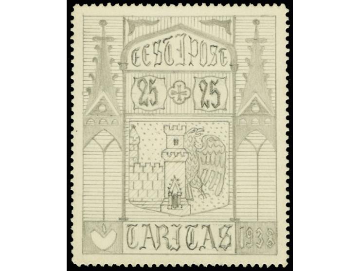 Caritas issue of 1938, 25s., final pencil drawing by Mihail Sidorov, 43x52,5mm, on perforated cardboard. Arms of Haapsalu. Th