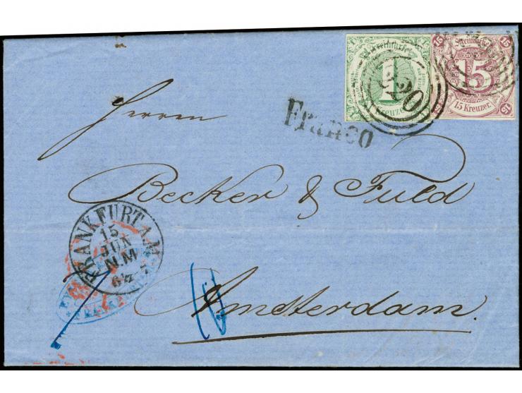 15 Kr. purpur und 1 Kr. grün mit Nr. "220" und nebengesetztem EKr. "FRANKFURT 15 JUN" (1863) auf sauberem Faltbrief nach Amst