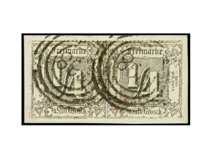 1865, farblos durchstochen ¼ Sgr. schwarz im waagerechten Paar, farbfrisch und einwandfrei durchstochen mit sauberer Nr. "298