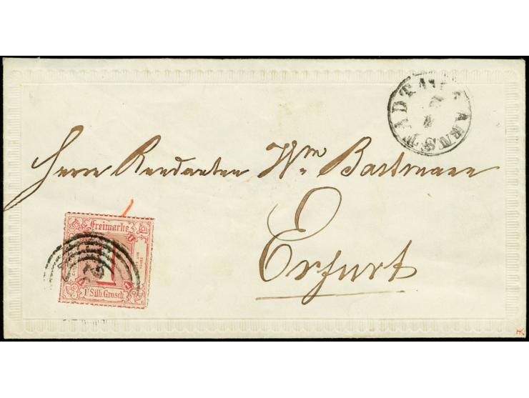 1866, farbig durchstochen 1 Sgr. rosa mit Nr. "281" und nebengesetztem EKr. "ARNSTADT 4 2" auf kleinem Zierbrief mit farblos 