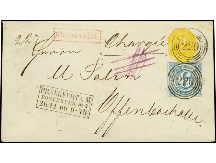 6 Kr. blau als Zufrankatur auf Umschlag 2 Kr. gelb, mit Nr. "220" auf Marke und Wertstempel, als Nahbereichs-Chargé-Brief von